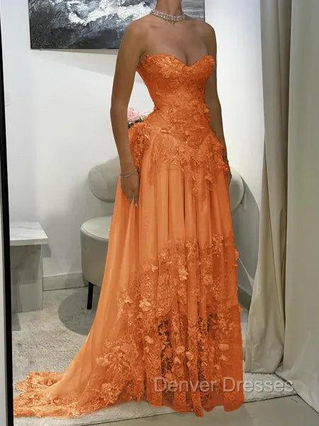 Aristocratic A-line Sweetheart Appliques Lace Sweep Train Chiffon Corset Prom Dress
