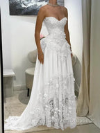 Aristocratic A-line Sweetheart Appliques Lace Sweep Train Chiffon Corset Prom Dress