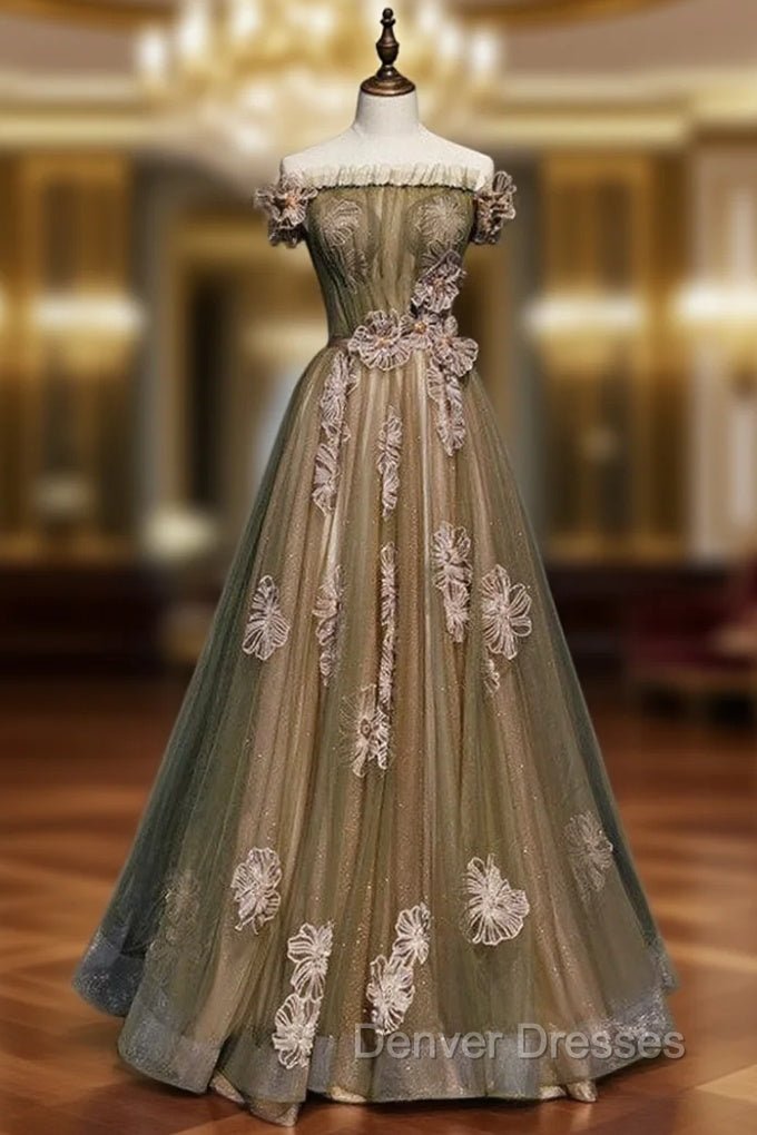 Army Green Tulle Off the Shoulder Prom Dress Main image