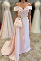Pink Off-Shoulder Mermaid Satin Long Mother of Bride Dress