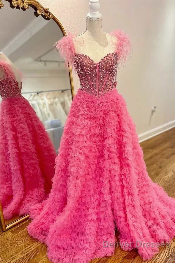 A Line Off the Shoulder Tiered Tulle Prom Dress With Slit