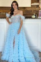A Line Off the Shoulder Tiered Tulle Prom Dress With Slit