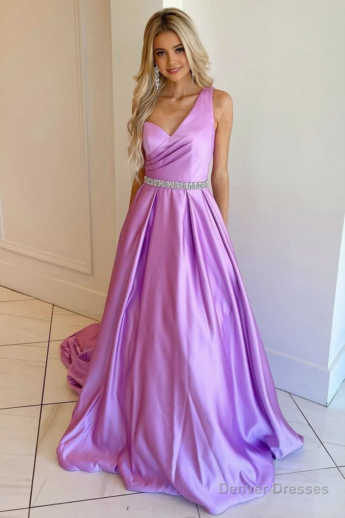 Asymmetrical Lilac Belted A-Line Prom Dress Main image