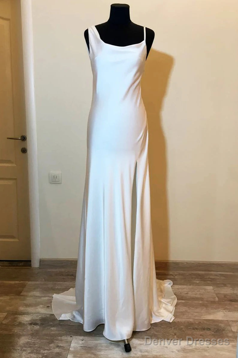 Asymmetrical Neck White Long Bridesmaid Dress With Slit Main image