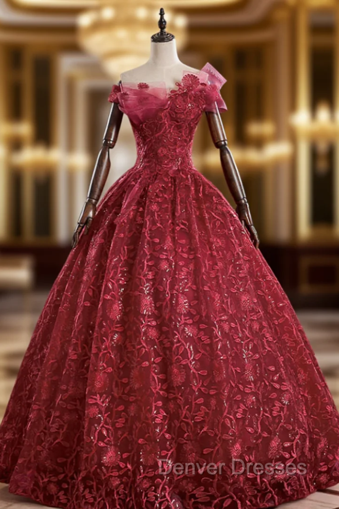 At Great Prices Burgundy Ball Gown Lace Sequins Off the Shoulder Quinceanera Dress