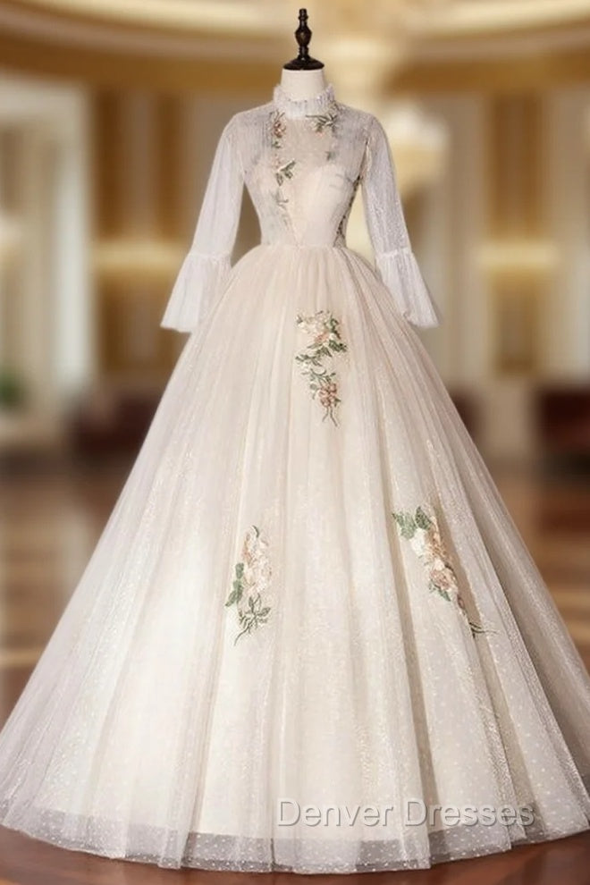 At Great Prices Champagne Ball Gown Tulle Appliques Long Sleeve Quinceanera Dress Main image