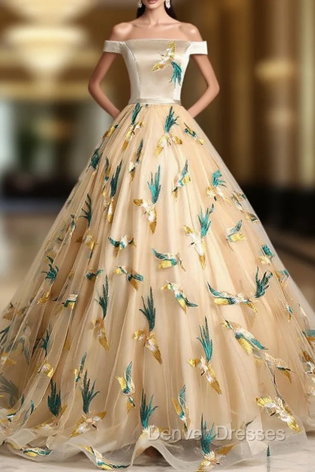 At Great Prices Champagne Gold Ball Gown Tulle Off the Sholuder Embroidery Quinceanera Dress Main image