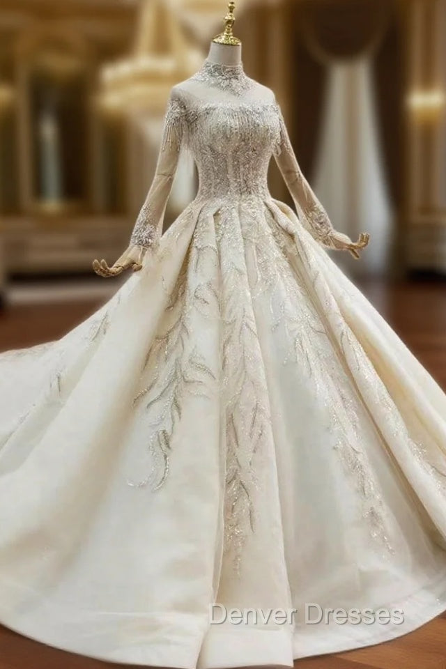At Great Prices Champagne Tulle Sequins Beading High Neck Long Sleeve Wedding Dress Main image