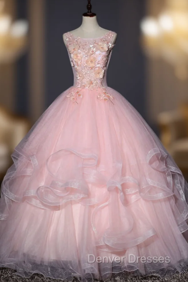 At Great Prices Pink Ball Gown Tulle Appliques Sleeveless Quinceanera Dress Main image