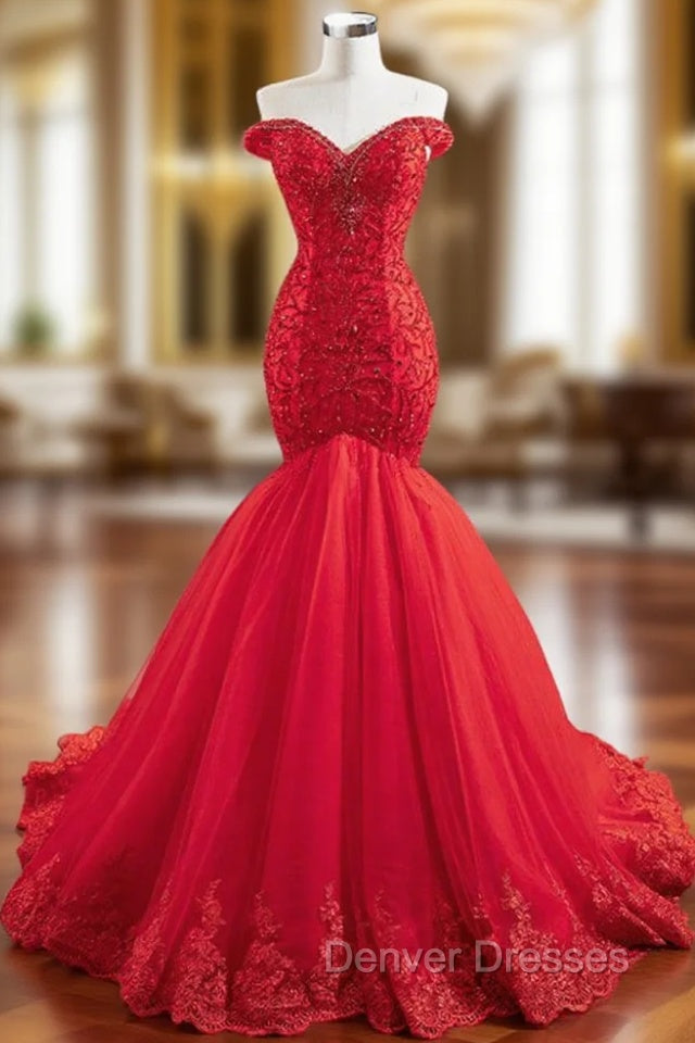 At Great Prices Red Mermaid Tulle Off the Shoulder Handwork Prom Dress