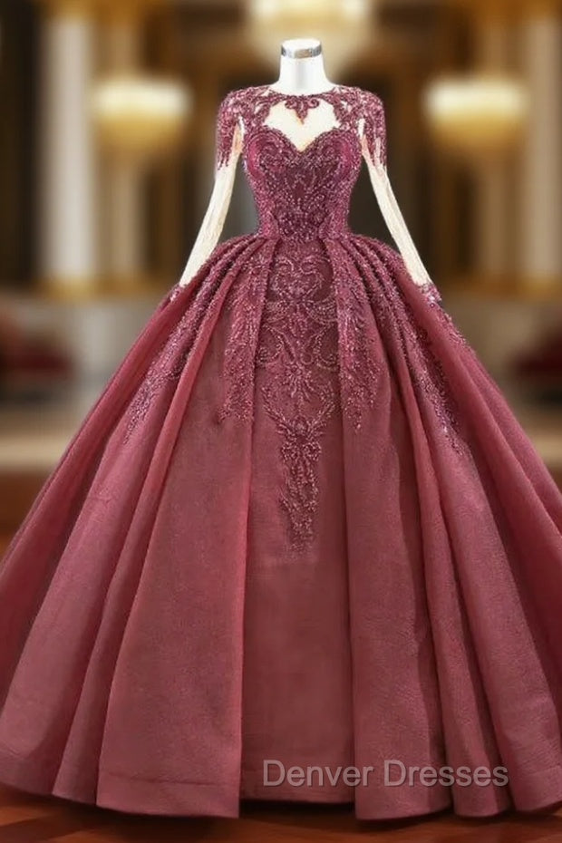 At Incredible Price Burgundy Ball Gown Organza Beading Long Sleeve Prom Dress Main image