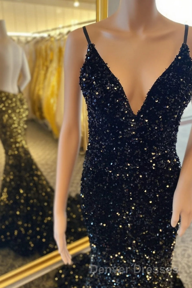 Open Back Sequin Mermaid V Neck Long Prom Dress