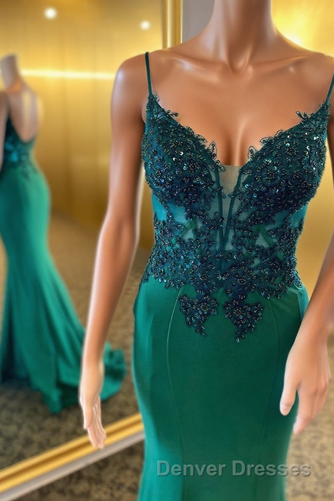 Straps Green Appliques Mermaid Long Formal Dress