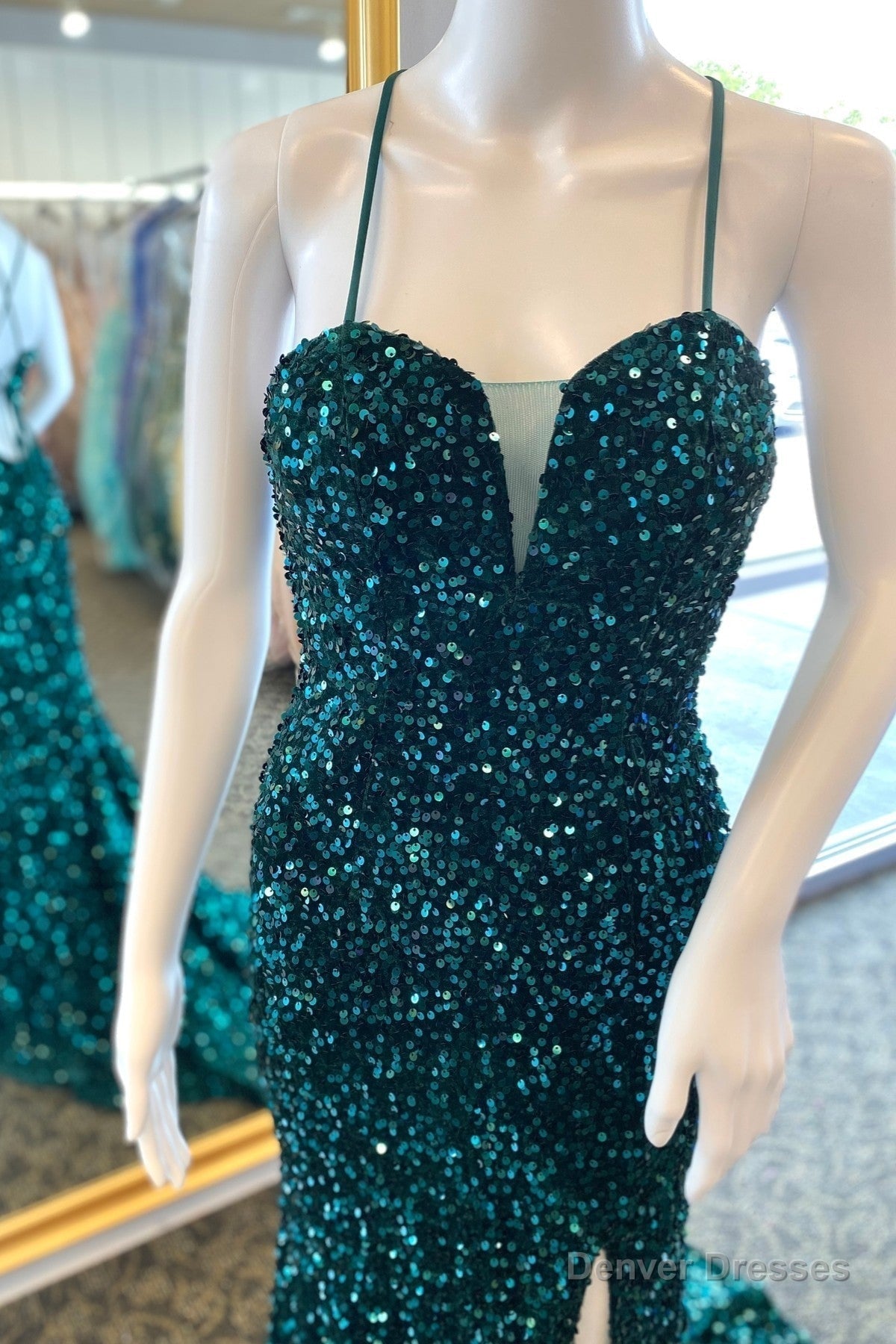 Hunter Green Sequins Deep V Neck Lace-Up Long Prom Dress with Slit Main image