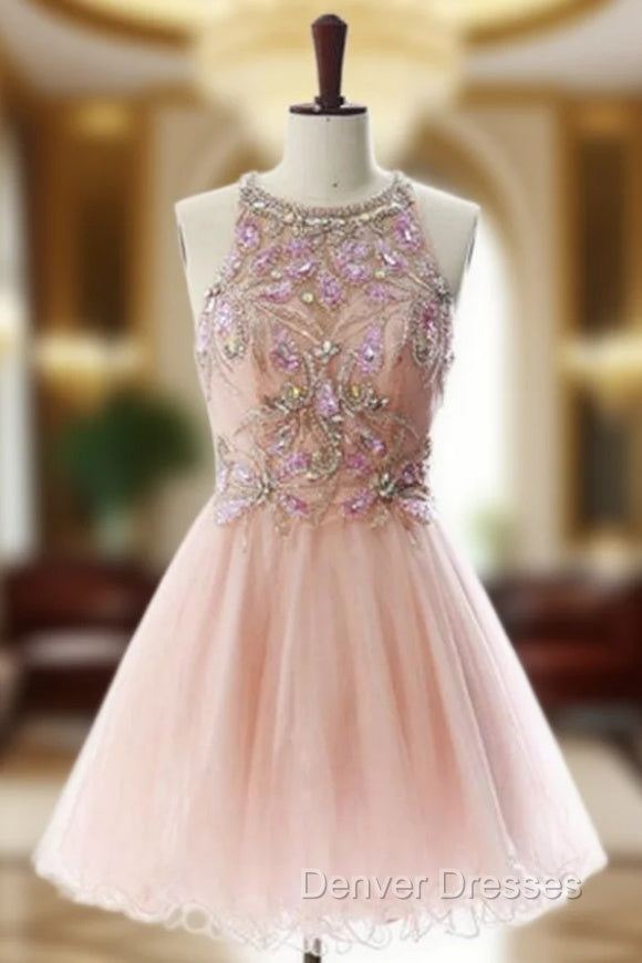 Attractive A lines Pink Homecoming Dress Open Back Sleeveless Beaded Scoop Mini Homecoming Dress Main image