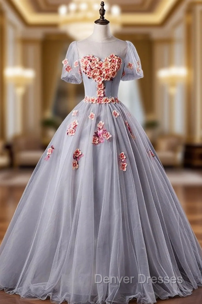Available In Sizes 0-24 Gray Ball Gown Tulle Appliques Short Sleeve Quinceanera Dress