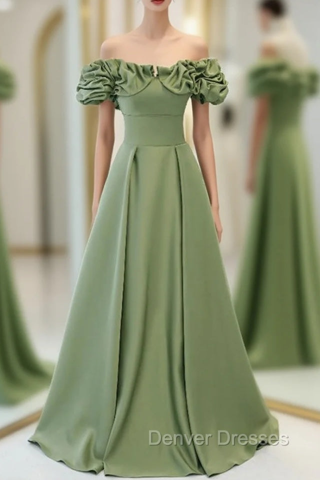 Avocado Green Satin Off the Shoulder Prom Dress Main image