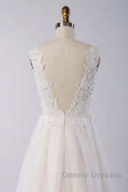 Awesome Long A-line Appliques Lace Tulle Open Back Wedding Dress