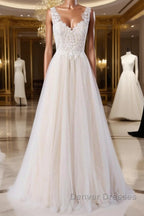 Awesome Long A-line Appliques Lace Tulle Open Back Wedding Dress
