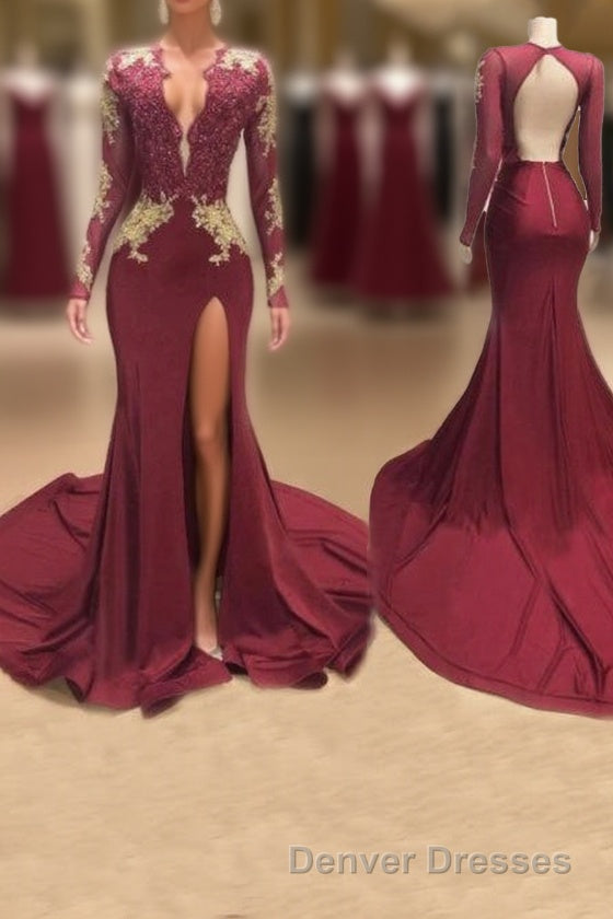 Awesome V-neck Long Sleeve High Slit Mermaid Prom Dress