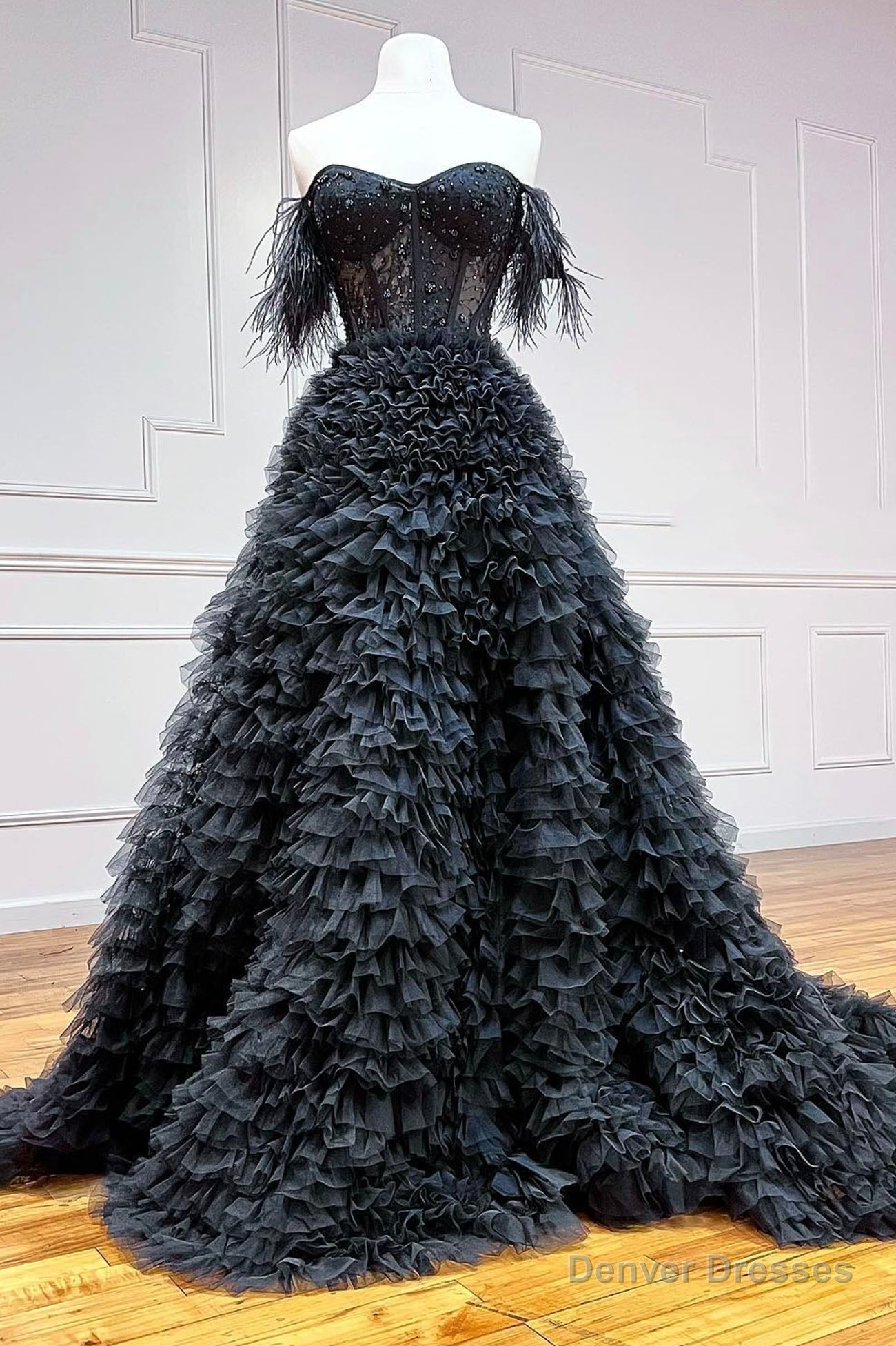 Black Tulle Long Ball Gown, A-Line Off the Shoulder Evening Gown Main image