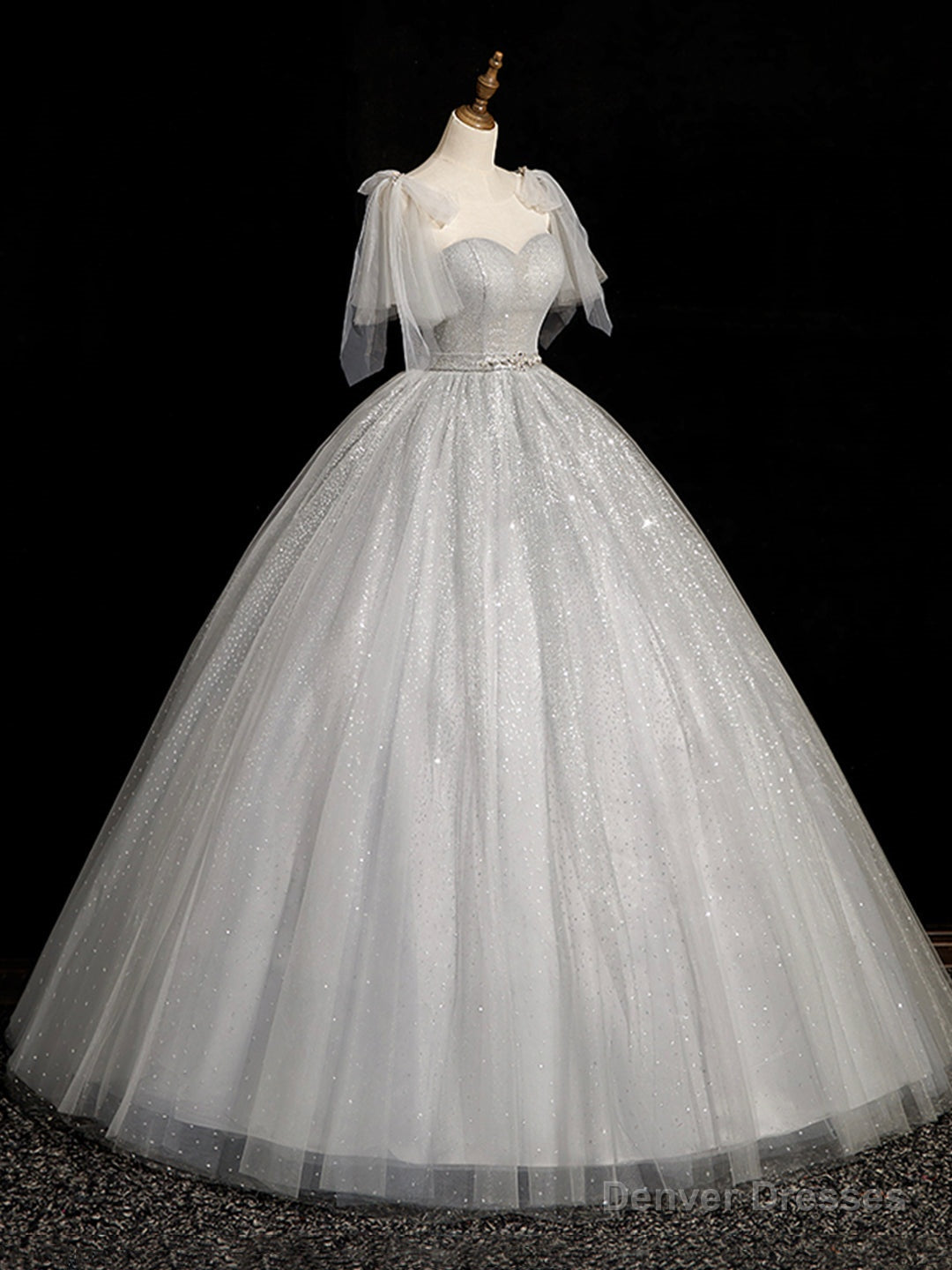 Gray Sparkly Tulle Long Scoop Neckline Prom Dress, Beautiful A-Line Evening Party Dress