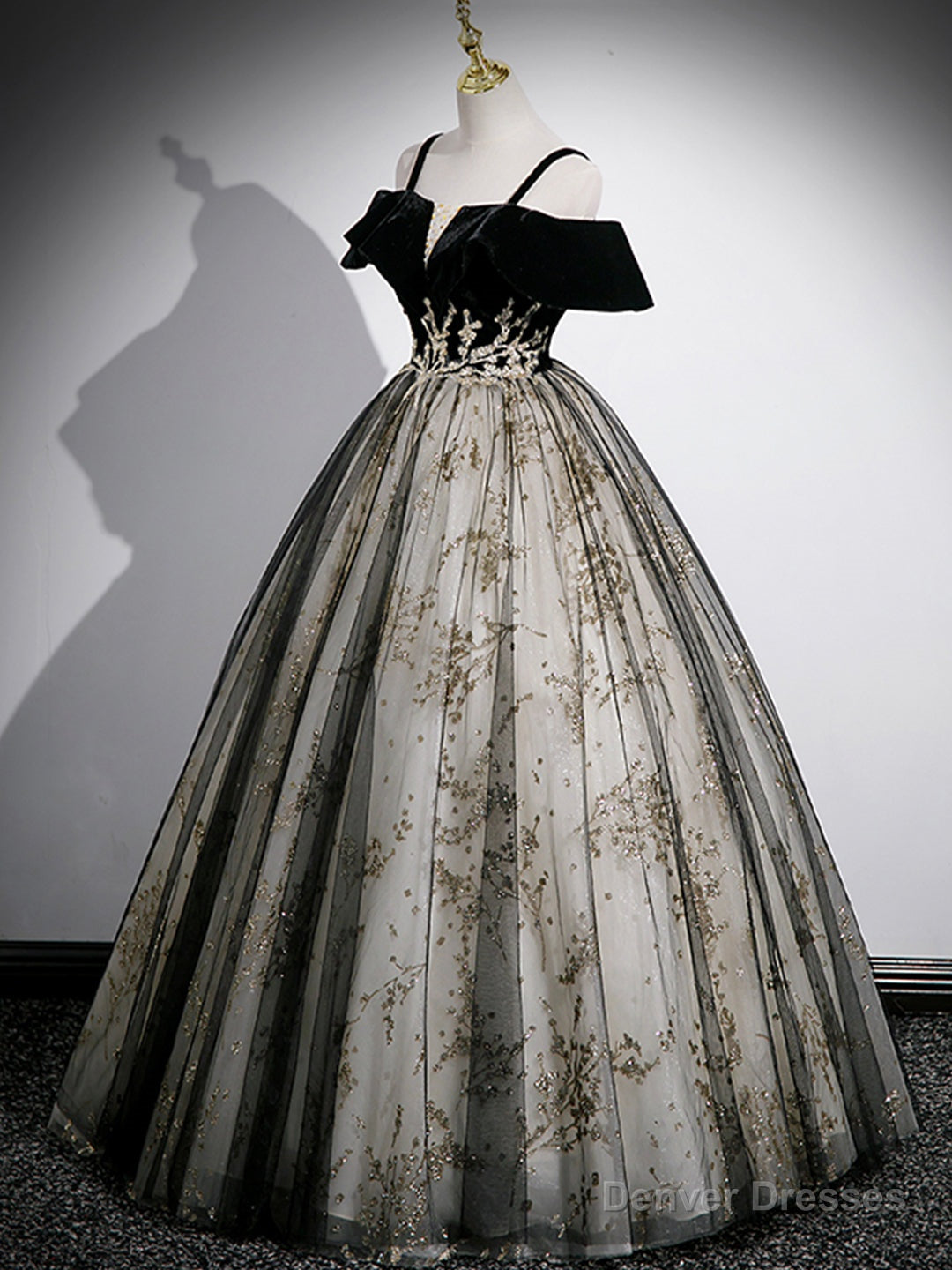 Black Velvet Tulle Sequins Floor Length Prom Dress, Off the Shoulder Evening Party Dress