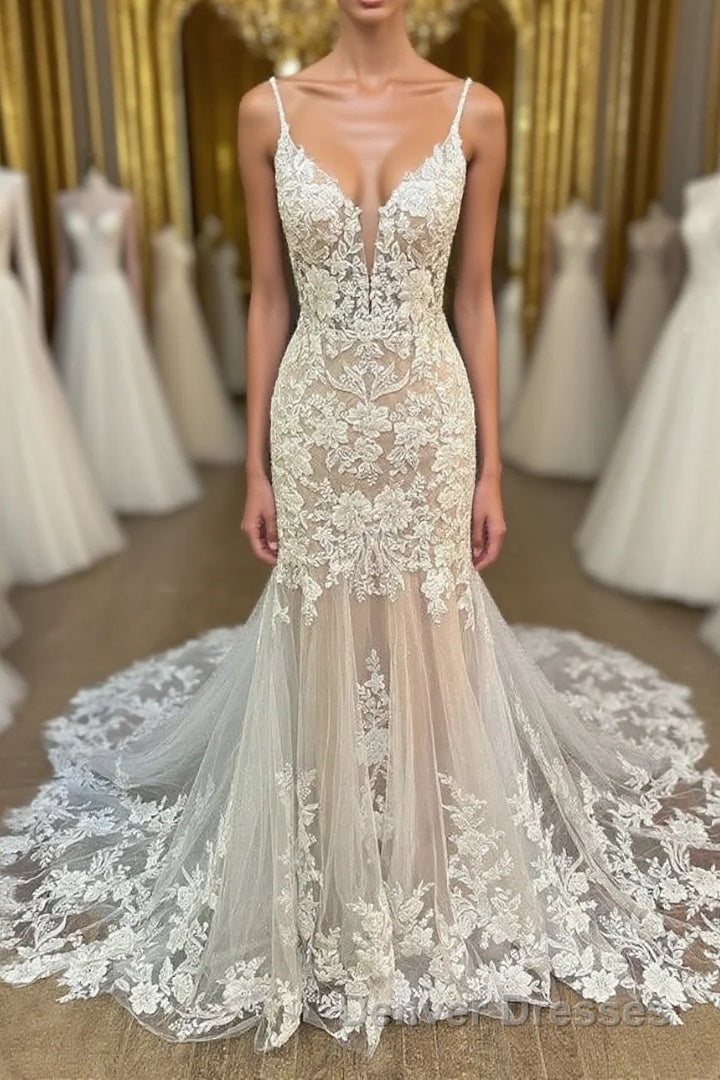 Elegant V Neck Mermaid Lace Appliques Wedding Dress Main image