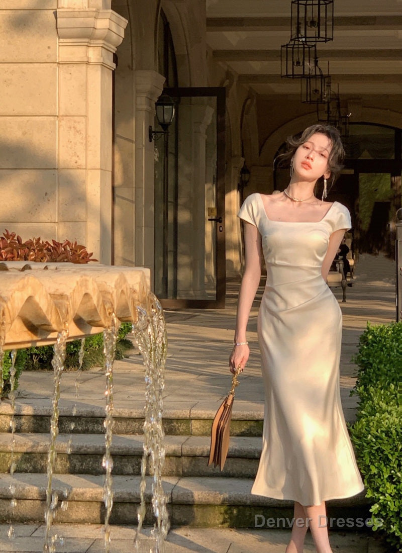 Party Midi Dresses for Women Summer Square Collar Slim Prom Female Clothes Wedding Evening Satin Dress Main image
