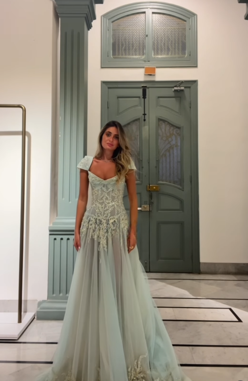Baby Blue A Line Exquisite Beaded Tulle Prom Dress Wedding Guest Dress