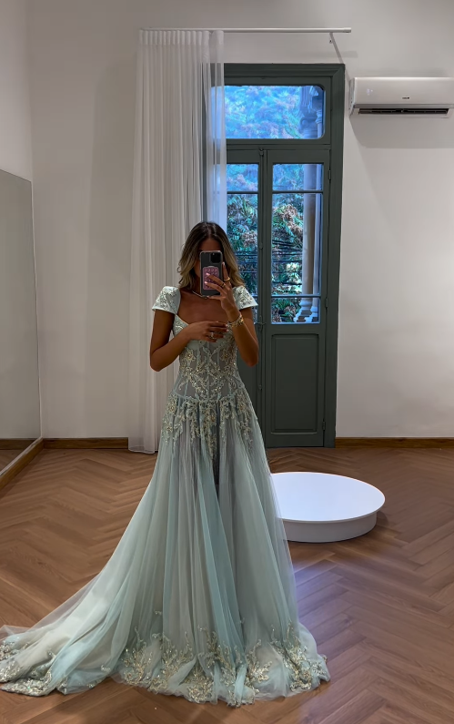 Baby Blue A Line Exquisite Beaded Tulle Prom Dress Wedding Guest Dress Main image
