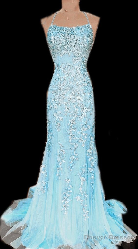 Baby Blue Mermaid Lace Prom Dresses Main image