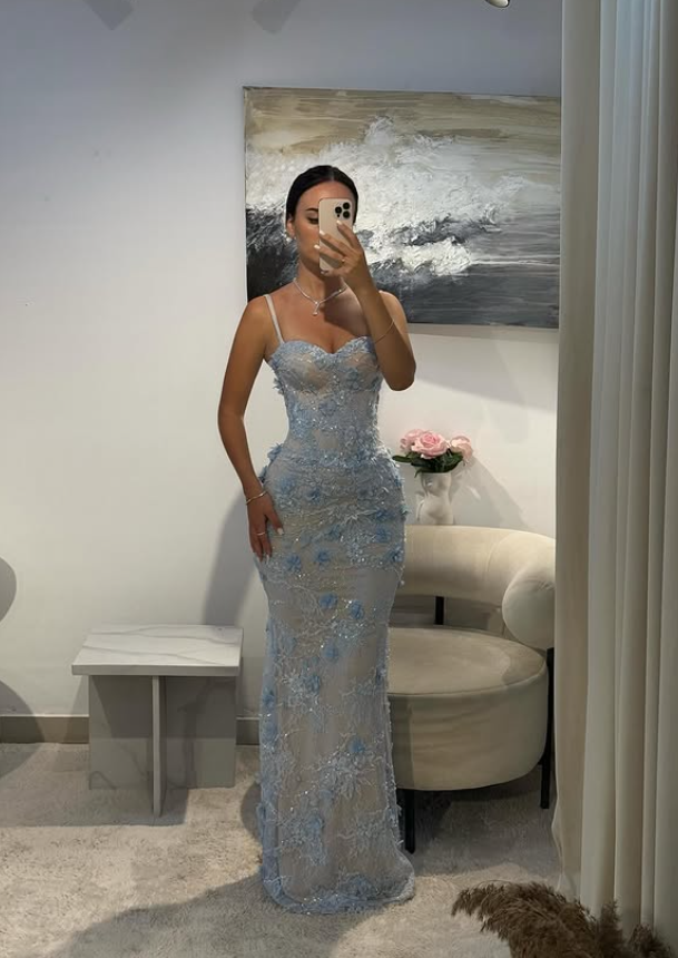 Baby Blue Sheath V Neck Beaded 3D Floral Lace Prom Dress Evening Dress Secondary image