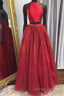 Back Two Piece Halter Sparkle Lace-Up Red Long Prom Dress