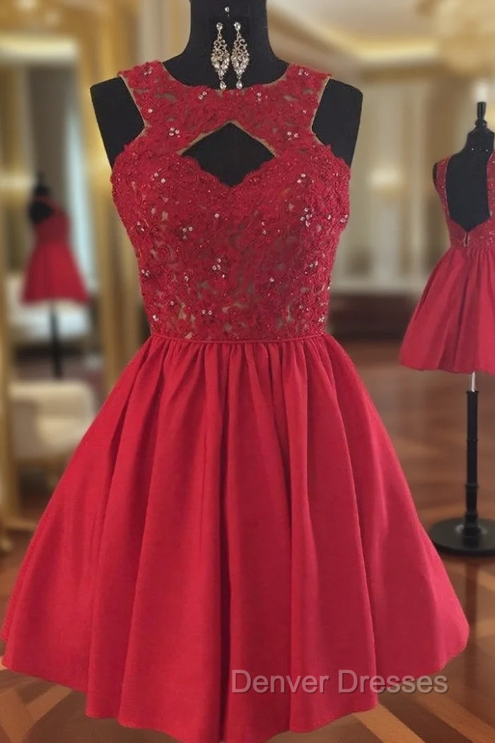 Backless Beaded Lace Red Satin Homecoming Dress Short Prom Gowns Main image