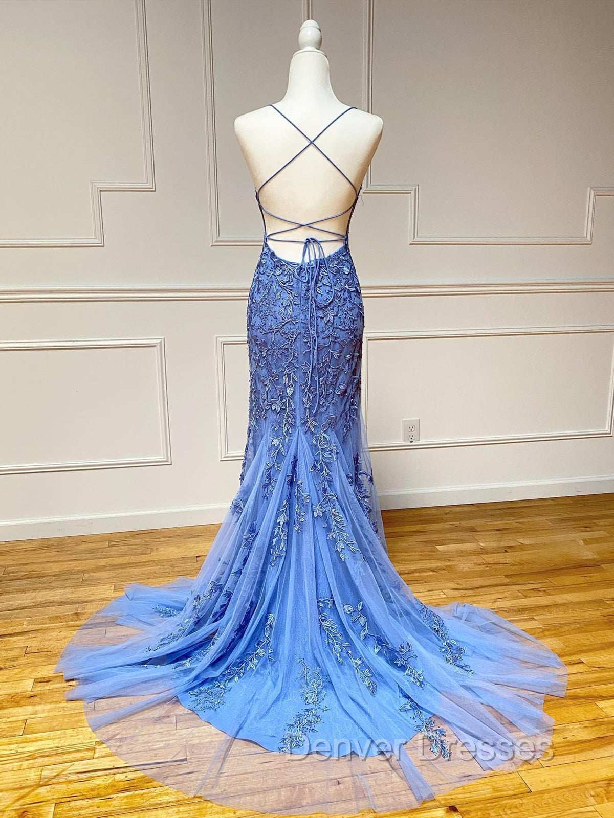 Backless Blue Lace Mermaid Prom Dress, Open Back Lace Mermaid Formal Evening Dress Secondary image