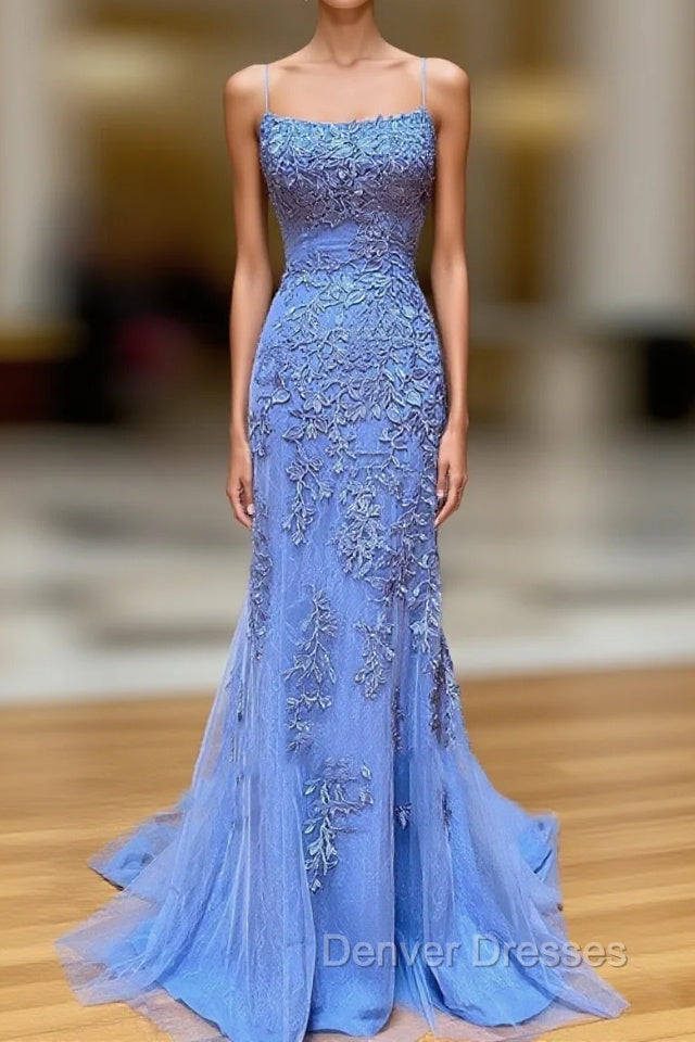 Backless Blue Lace Mermaid Prom Dress, Open Back Lace Mermaid Formal Evening Dress Main image