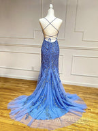 Backless Blue Lace Prom Dress, Open Back Blue Lace Formal Graduation Dress