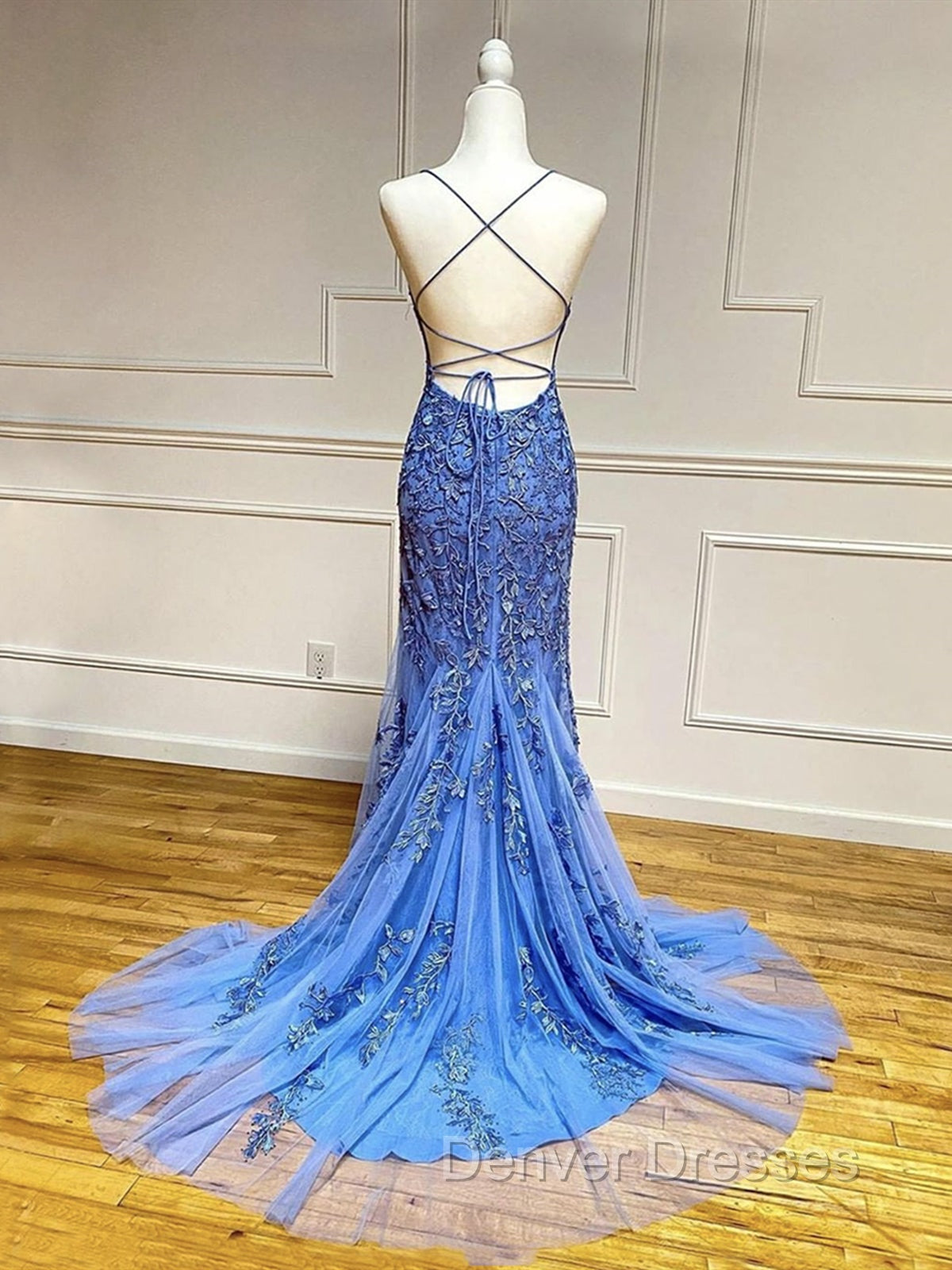 Backless Blue Lace Prom Dress, Open Back Blue Lace Formal Graduation Dress