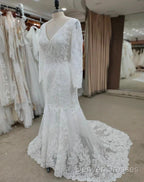 Backless Bohemian Simple V-Neck Long Sleeve Lace Wedding Dress With Train
