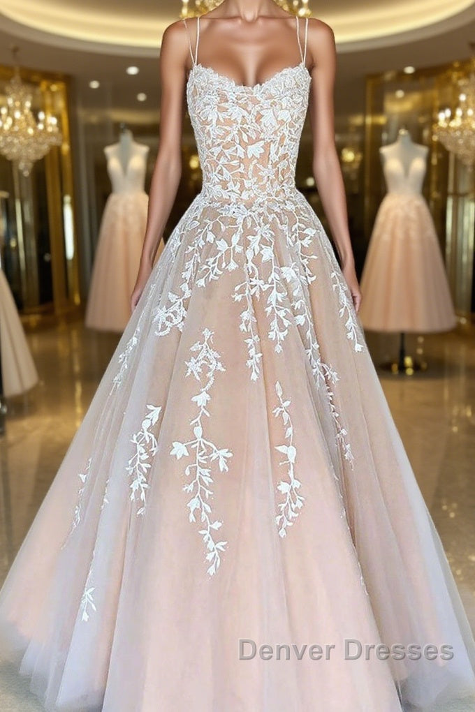 Backless Champagne Lace Prom Dress, Open Back Champagne Lace Formal Evening Dress Main image