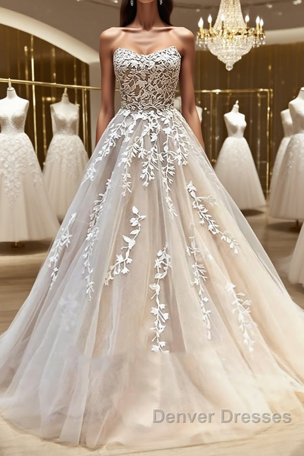 Backless Champagne Lace Wedding Dress, Backless Champagne Lace Formal Prom Evening Dress Main image