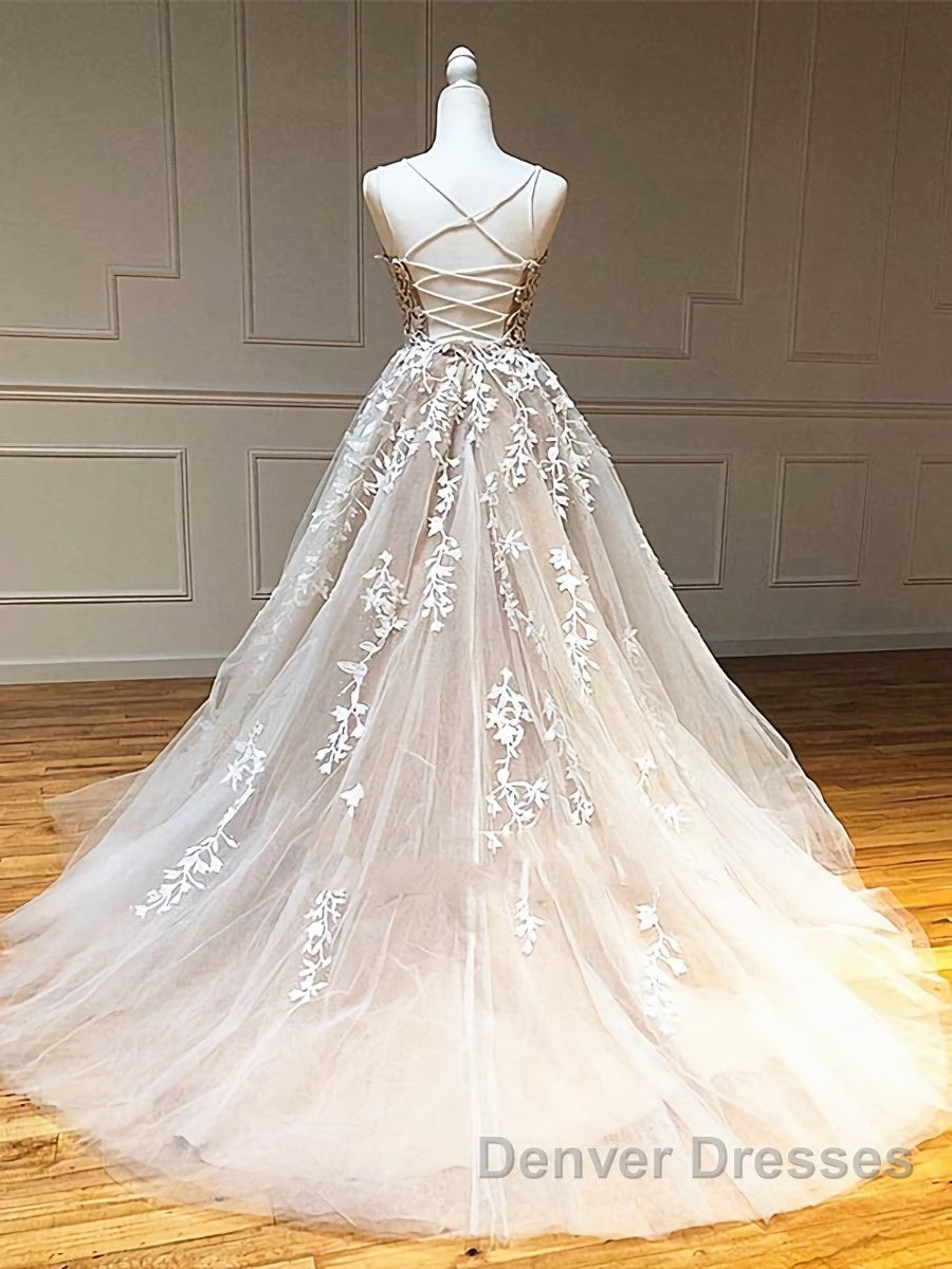 Backless Champagne Lace Wedding Dress, Backless Champagne Lace Formal Prom Evening Dress