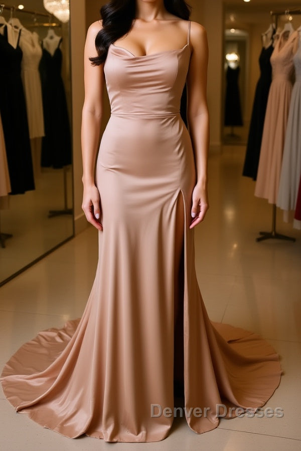Backless Champagne Long Prom Dress with High Slit, Long Champagne Formal Graduation Evening Dress Main image