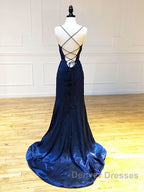 Backless Dark Navy Blue Long Prom Dress, Dark Navy Blue Formal Graduation Evening Dress