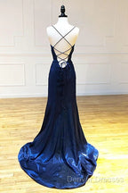Backless Dark Navy Blue Long Prom Dress Evening Dress