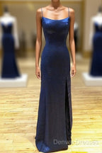 Backless Dark Navy Blue Long Prom Dress Evening Dress