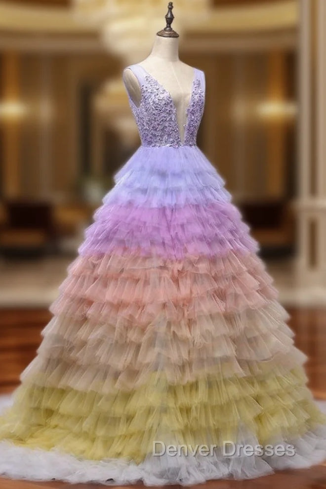 Backless Deep-V neck Tulle Multicolor Sleeveless Wedding Dress