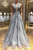 Backless Gray Lace Prom Dress, Backless Gray Lace Formal Evening Graduation Dress