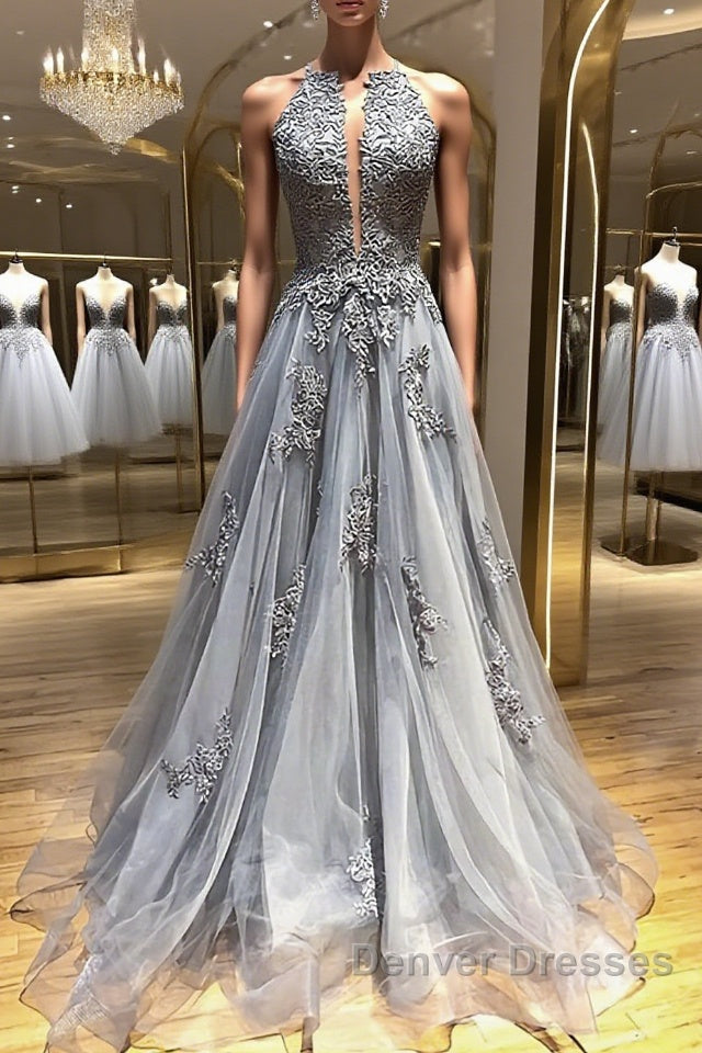 Backless Gray Lace Prom Dress, Backless Gray Lace Formal Evening Graduation Dress